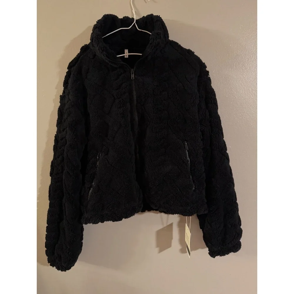 Halara Black Teddy Fleece Cable Knit Textured Full Zip Jacket Women's Size Med